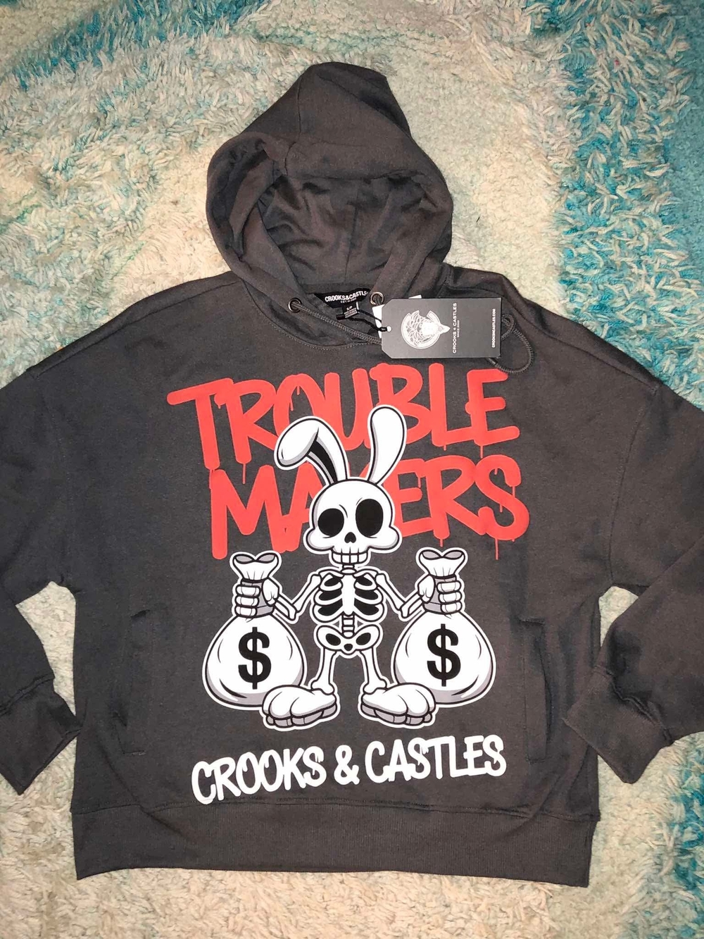 Crooks & Castles Black Hoodie with Red Graphic and White Skull Bunny